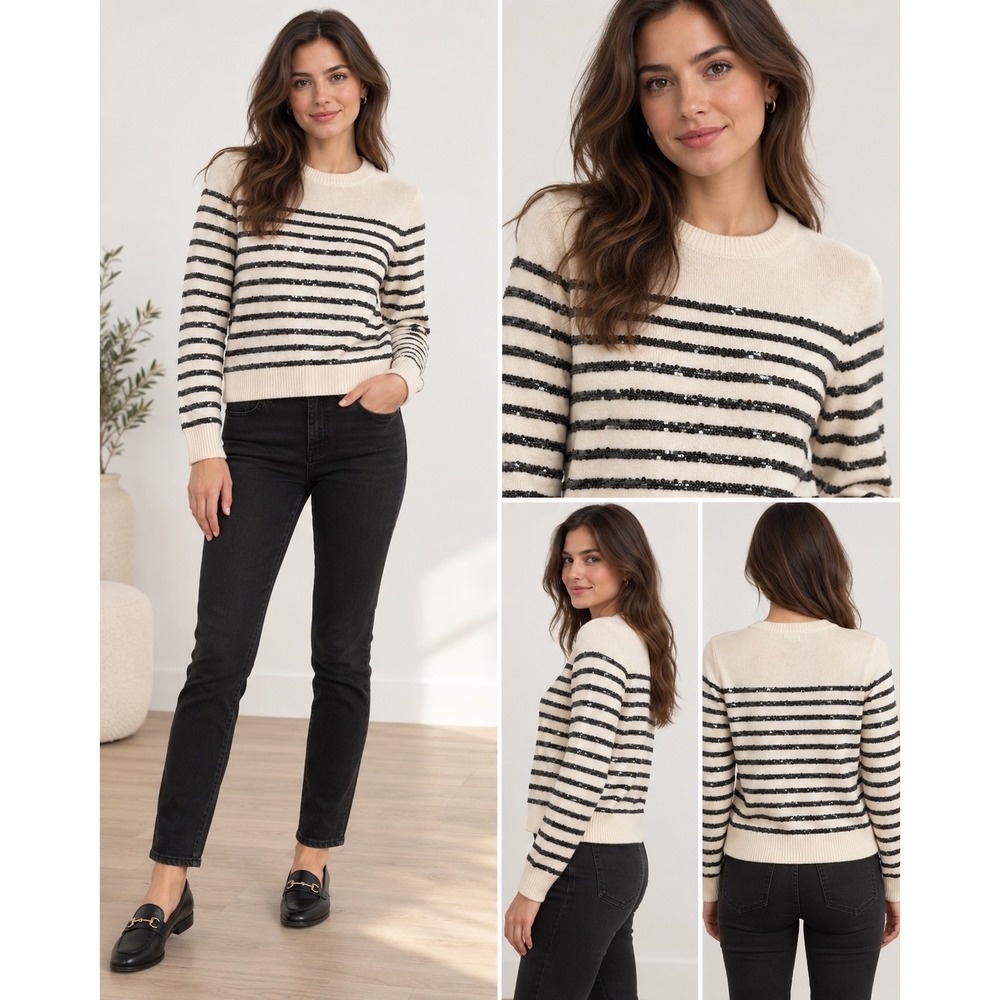 Maje Sweater Womens Small 1 Ecru Black Sequin Stripe Wool Blend Crewneck France